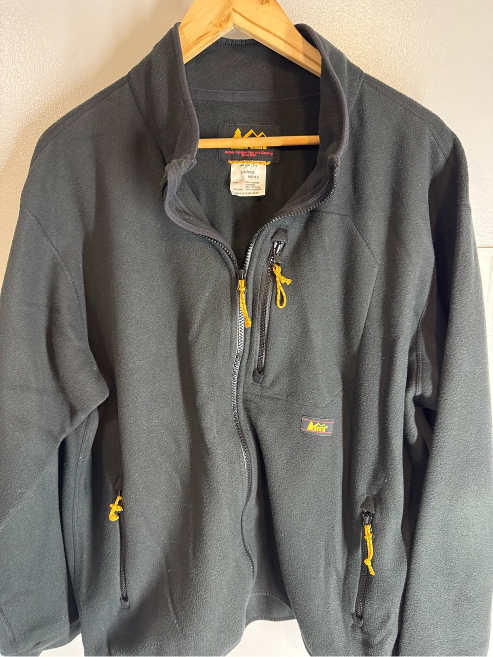 REI Men’s Black Fleece Jacket with Yellow Zip Pulls